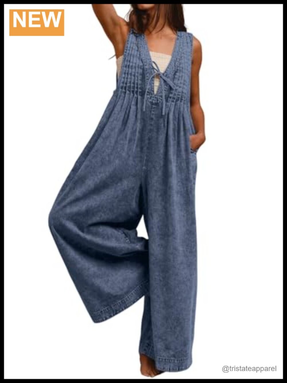 Sleeveless Denim Jumpsuit Wide Leg Overalls Ruffle Pleated Tank Romper